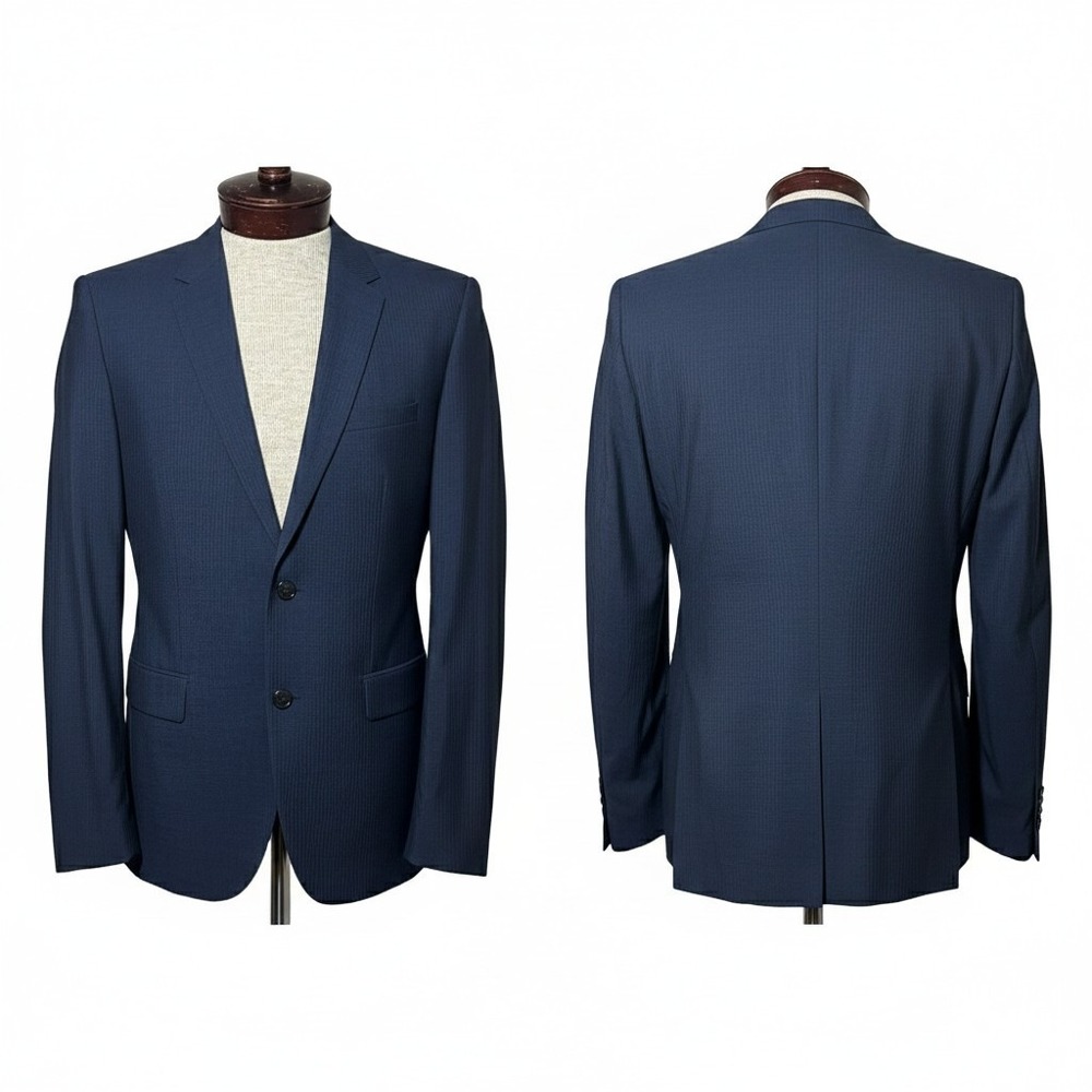 HUGO BOSS Virgin Wool Suit Jacket Navy Blue Pinstrip Super 100 Red Trim 38R NWOT